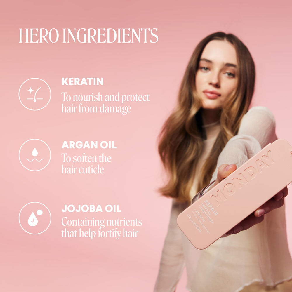 MONDAY HAIRCARE applied to damp hair demonstrating detangling and frizz control benefit