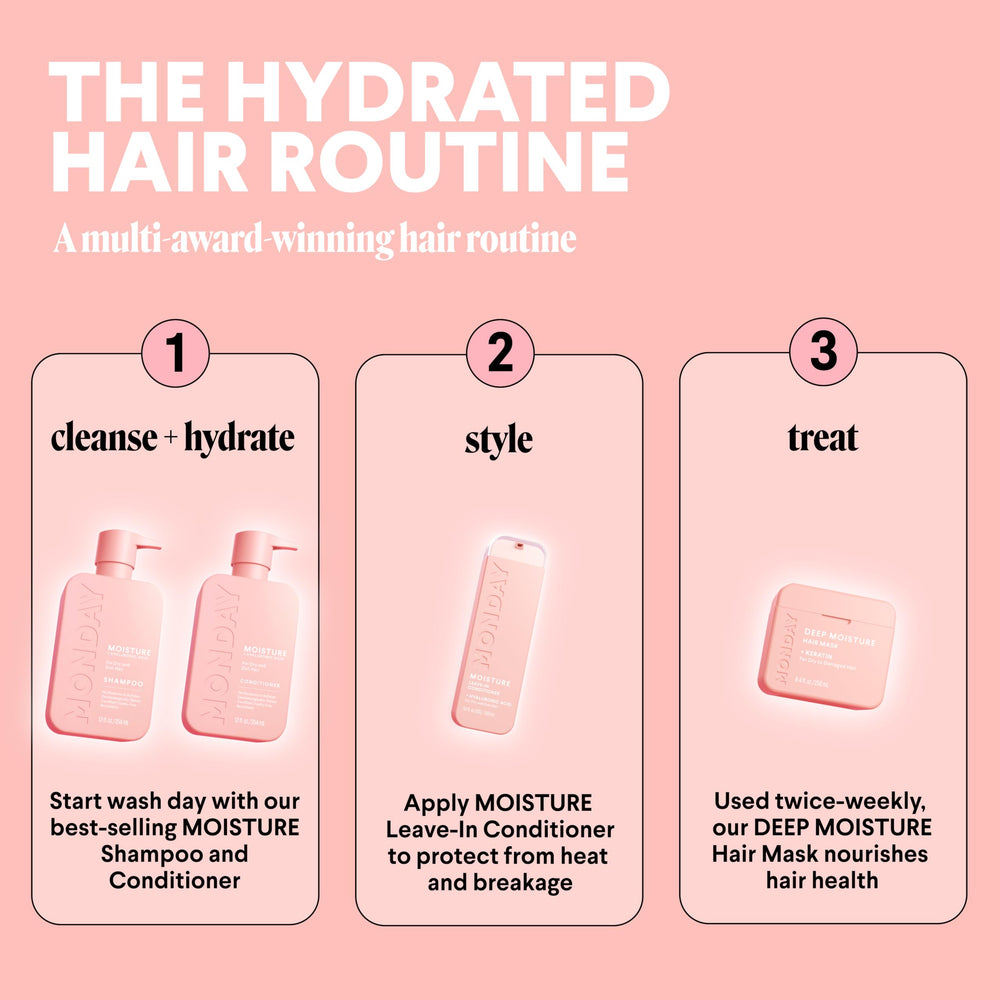 MONDAY HAIRCARE bottles in hand scale view showing the 12 fl oz size benefit