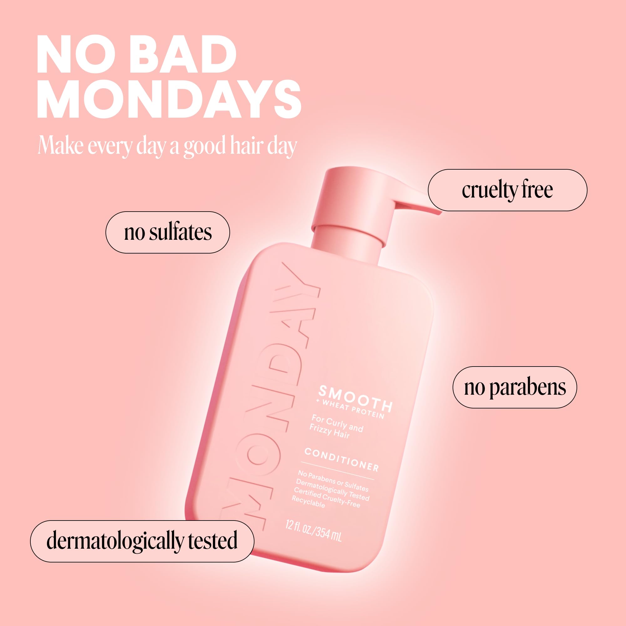 MONDAY HAIRCARE 354 mL bottle next to common items for scale
