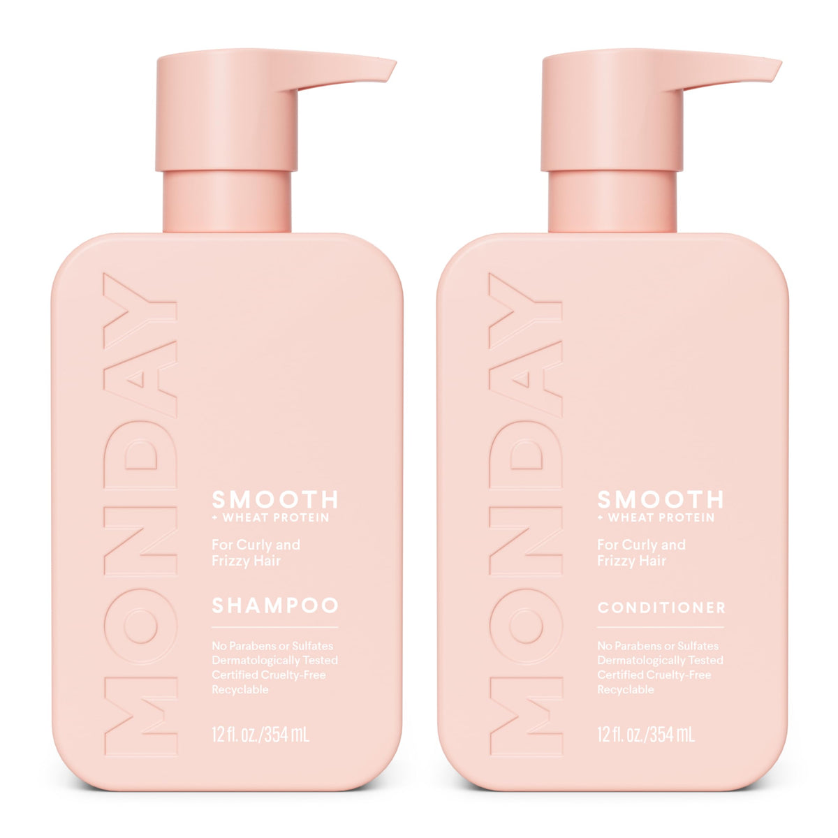 MONDAY HAIRCARE front packaging showing smooth duo and travel-friendly benefit