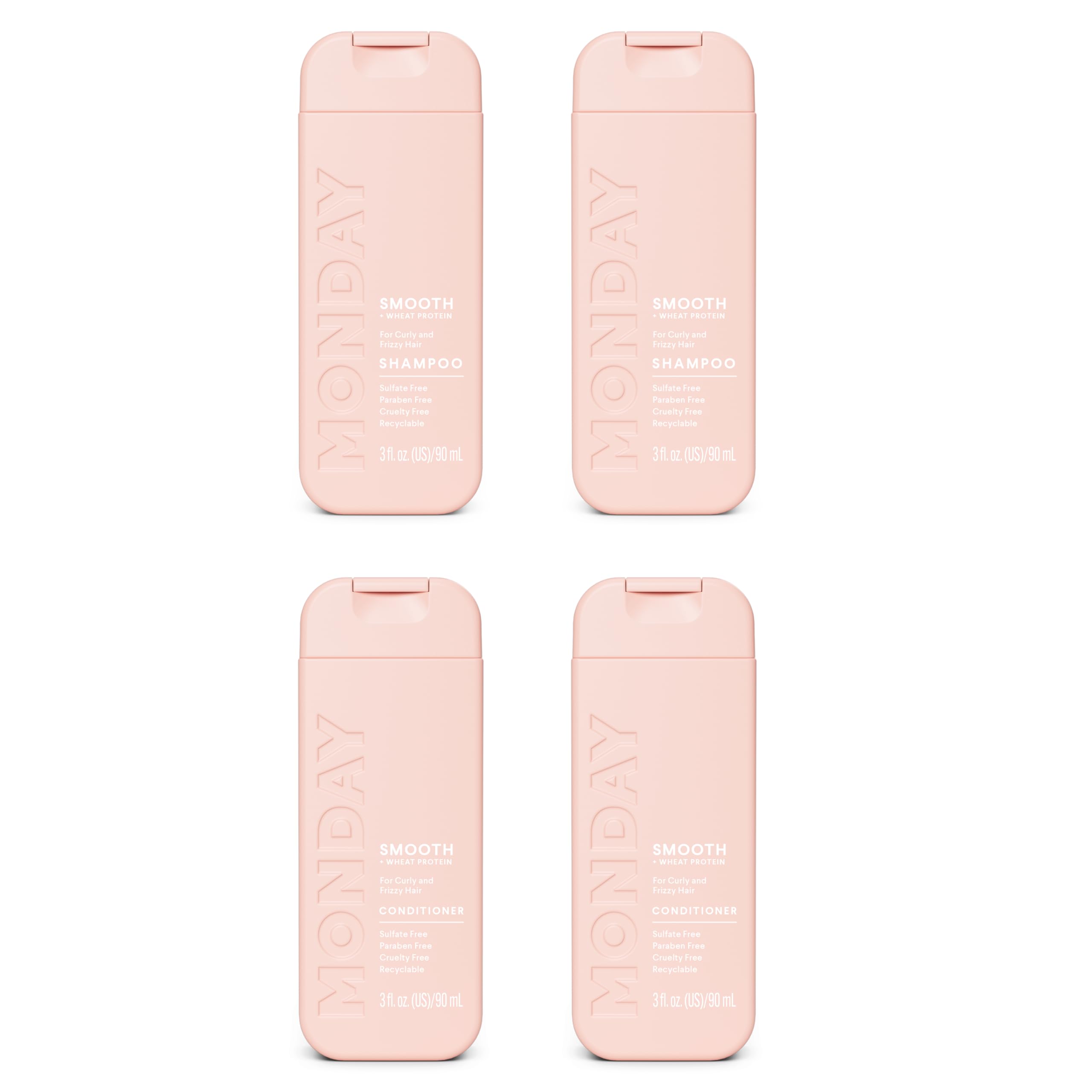 MONDAY Haircare front packaging showing smooth shampoo and conditioner, travel-friendly benefit