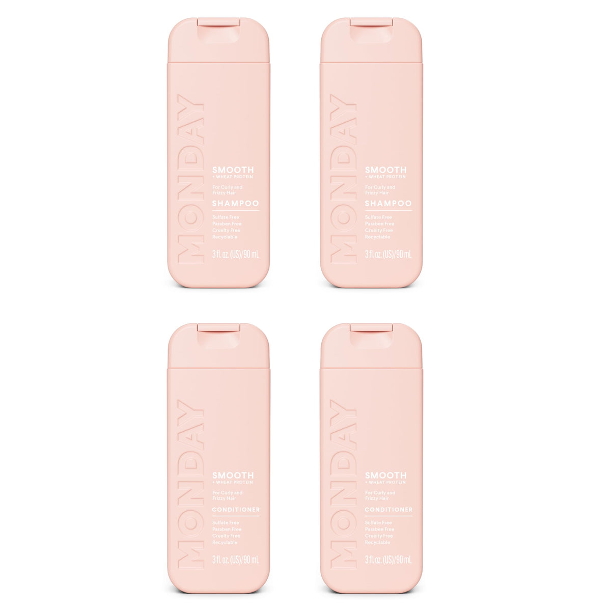 MONDAY Haircare front packaging showing smooth shampoo and conditioner, travel-friendly benefit