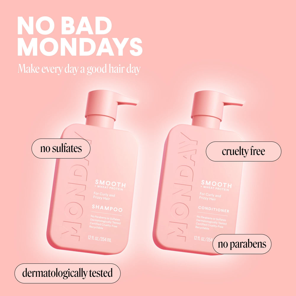 MONDAY HAIRCARE bottles styled on shower shelf for everyday routine benefit