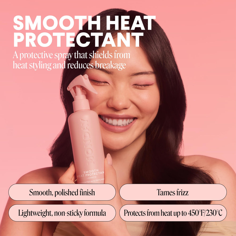 MONDAY HAIRCARE spray closeup demonstrating fine mist for even heat protection