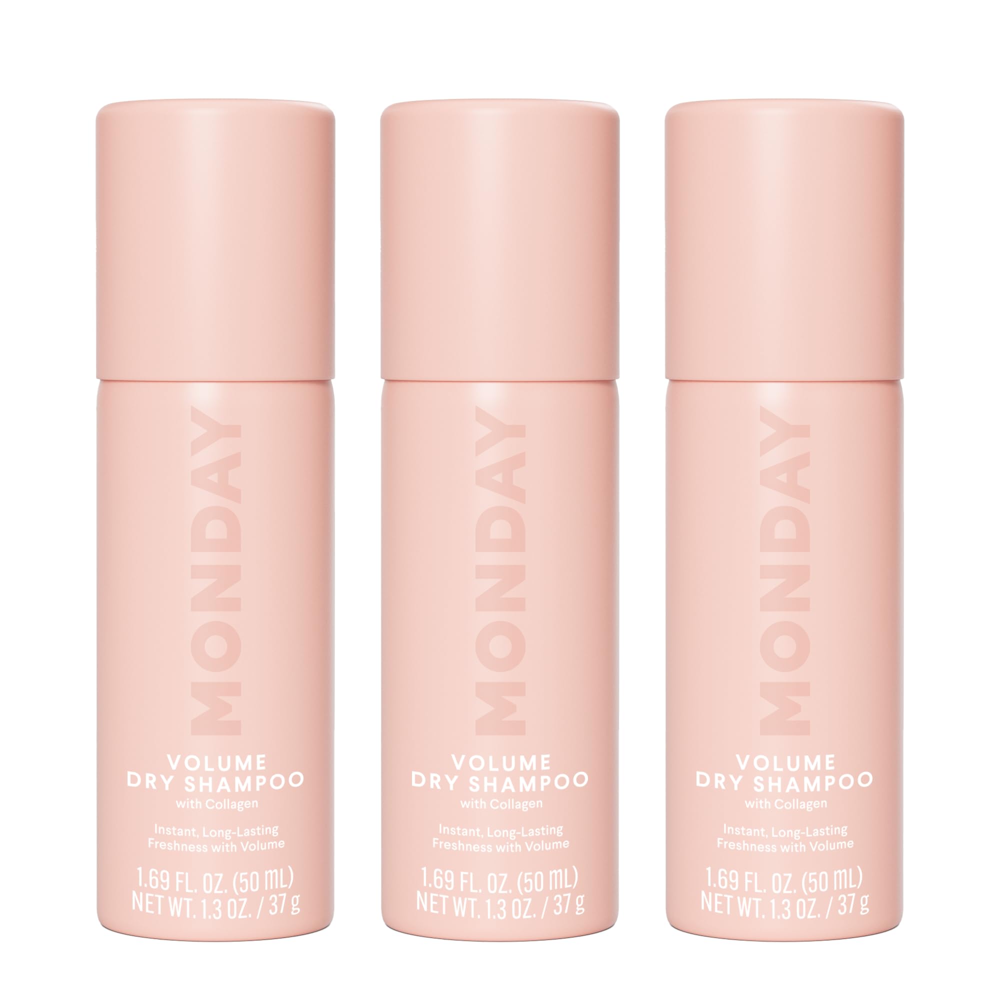 MONDAY HAIRCARE front pack shot showing three 50ml cans and clear branding benefit: easy travel refresh