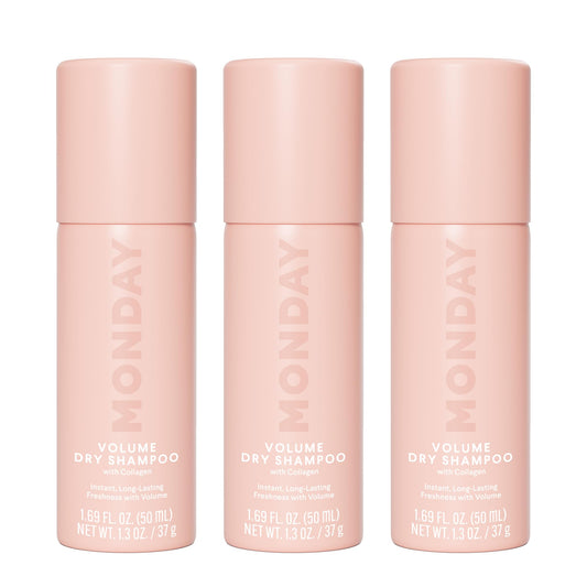 MONDAY HAIRCARE front pack shot showing three 50ml cans and clear branding benefit: easy travel refresh