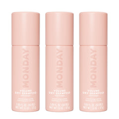 MONDAY HAIRCARE front pack shot showing three 50ml cans and clear branding benefit: easy travel refresh
