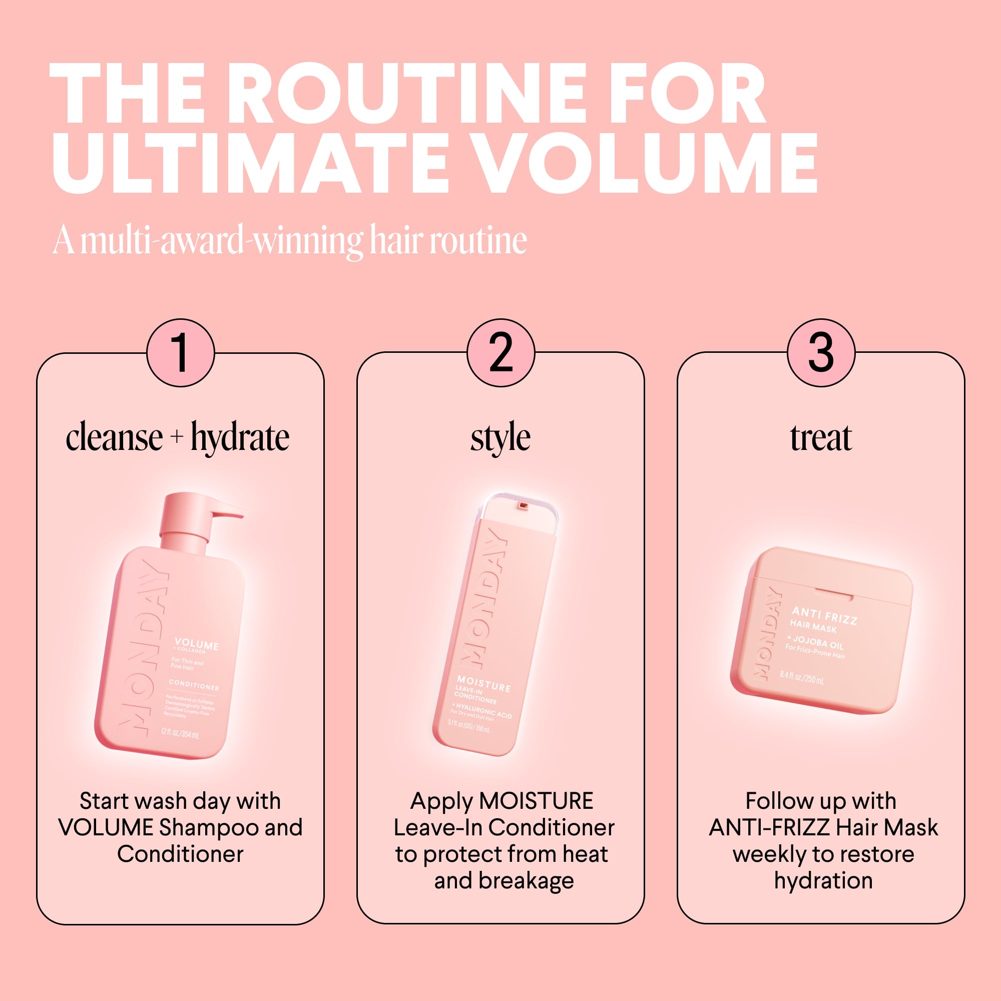 MONDAY HAIRCARE recyclable bottle symbol highlighting eco-friendly benefit