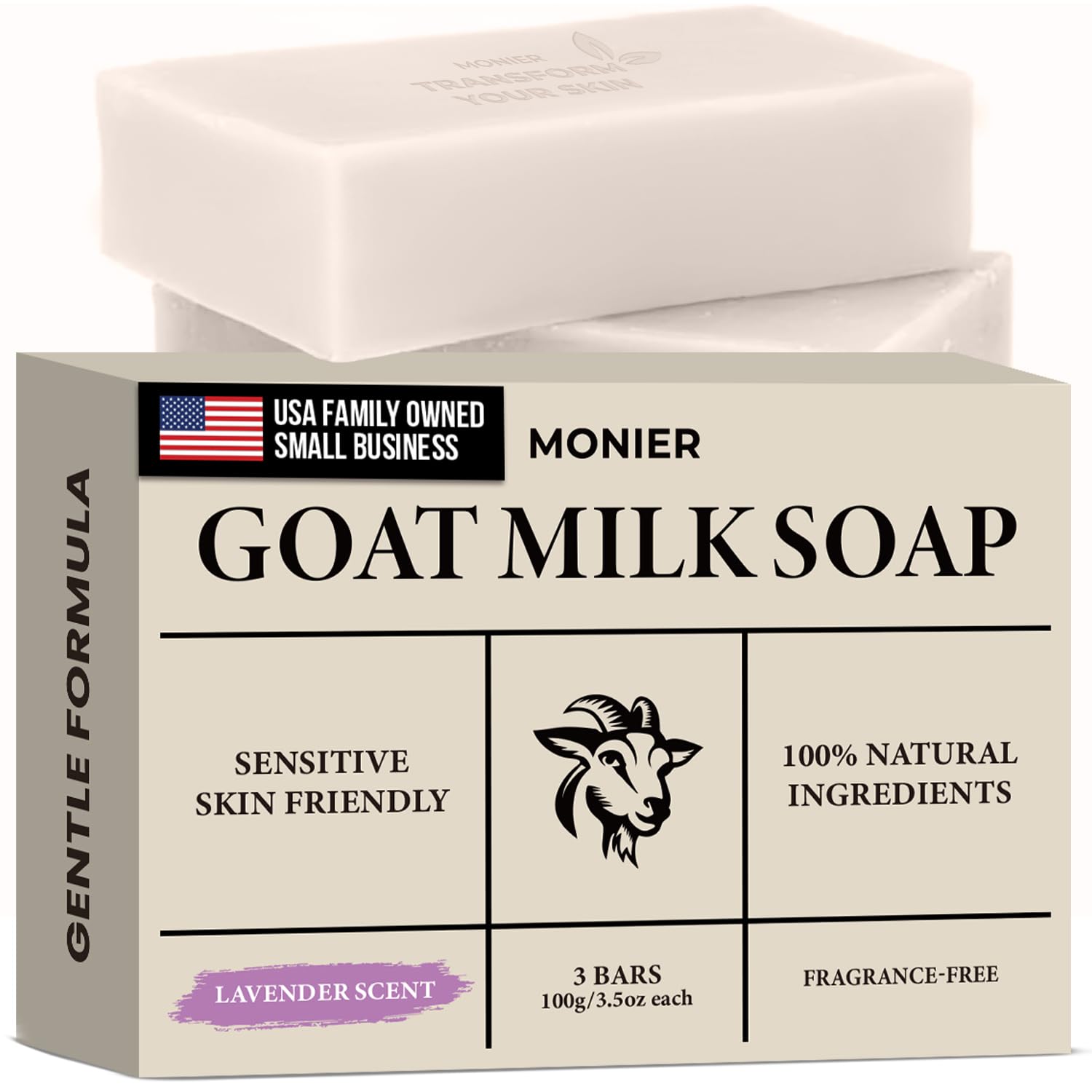 MONIER soap front packaging showing lavender scent and family use benefit