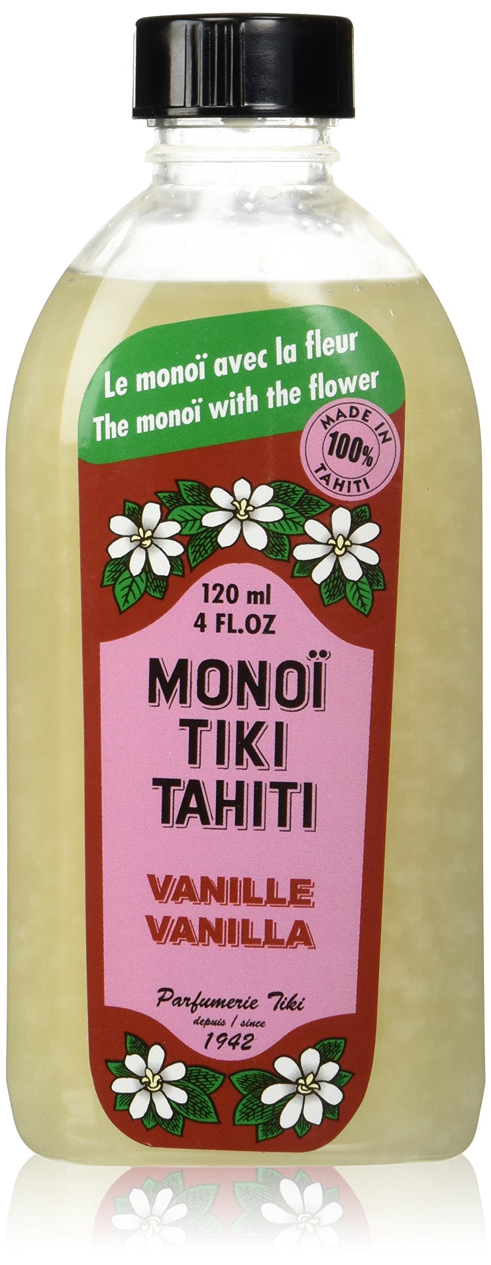 Monoi Tiare Tahiti front bottle showing label and vanilla-tiare fragrance benefits