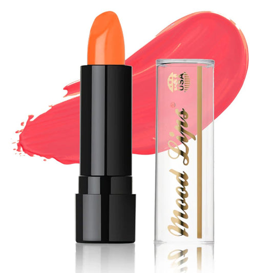 Mood Lips orange front twist-up tube showing product and brand for quick application