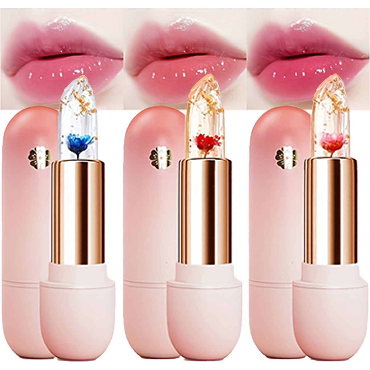 MooGlamor front view of three floral jelly lip tints showing set and packaging, pretty gift-ready