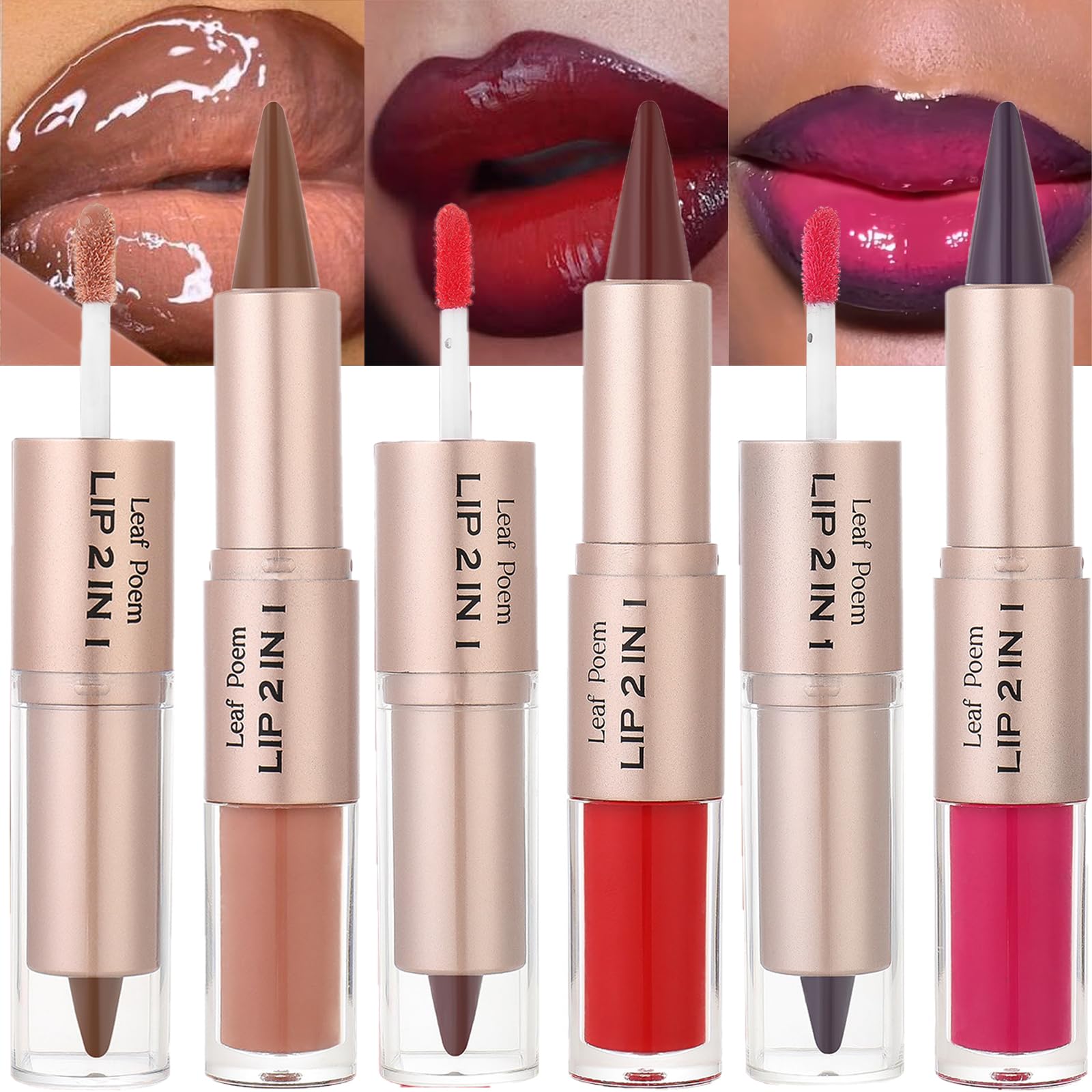 MooGlamor front view of three dual-ended lip sticks showing shade labels and packaging benefits