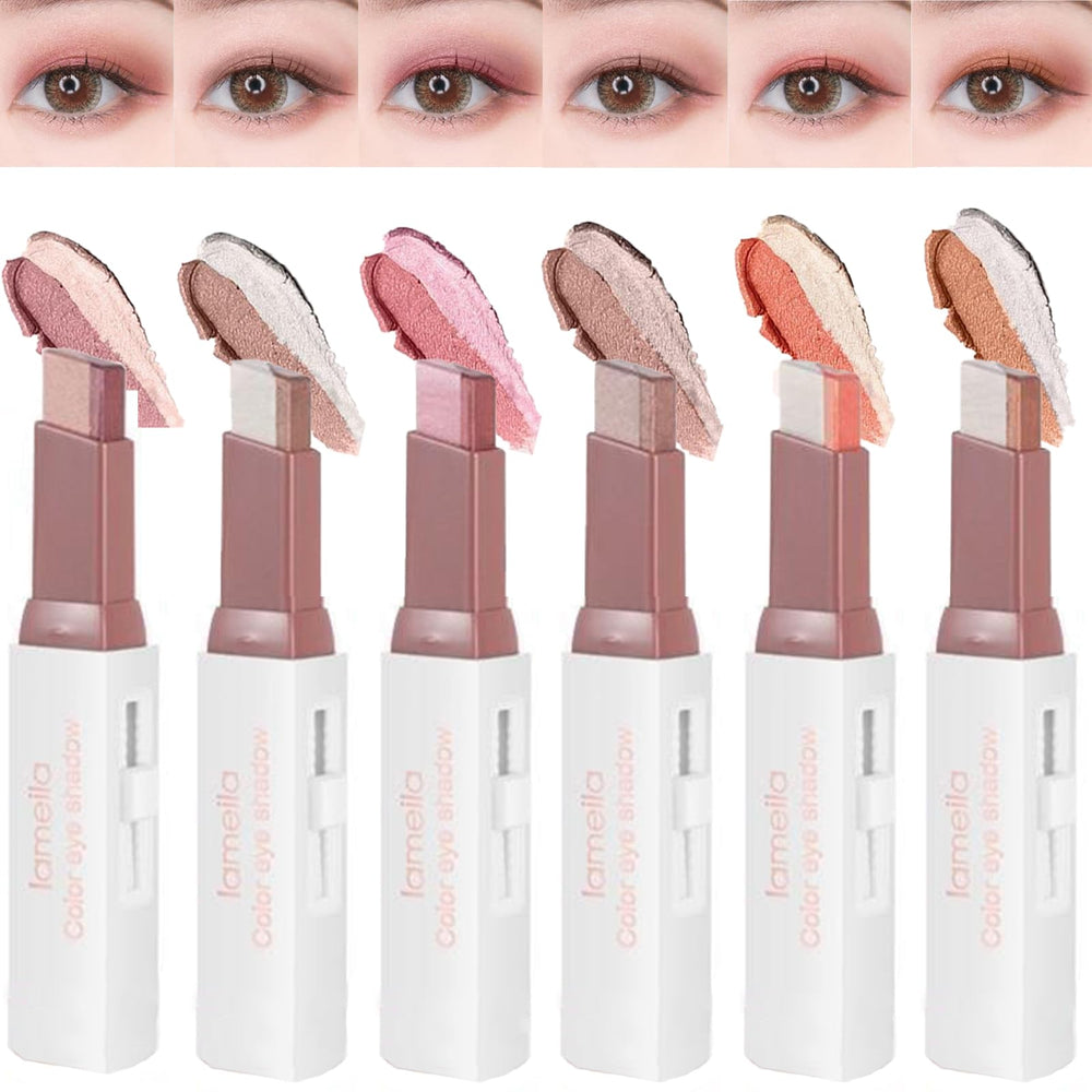 MooGlamor front packaging showing six two-color shadow sticks and compact box, easy storage