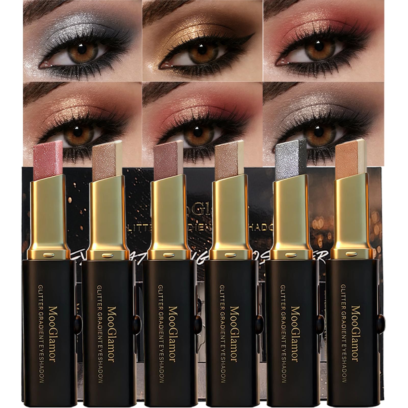 MooGlamor front packaging showing six glitter eyeshadow sticks for convenient gifting