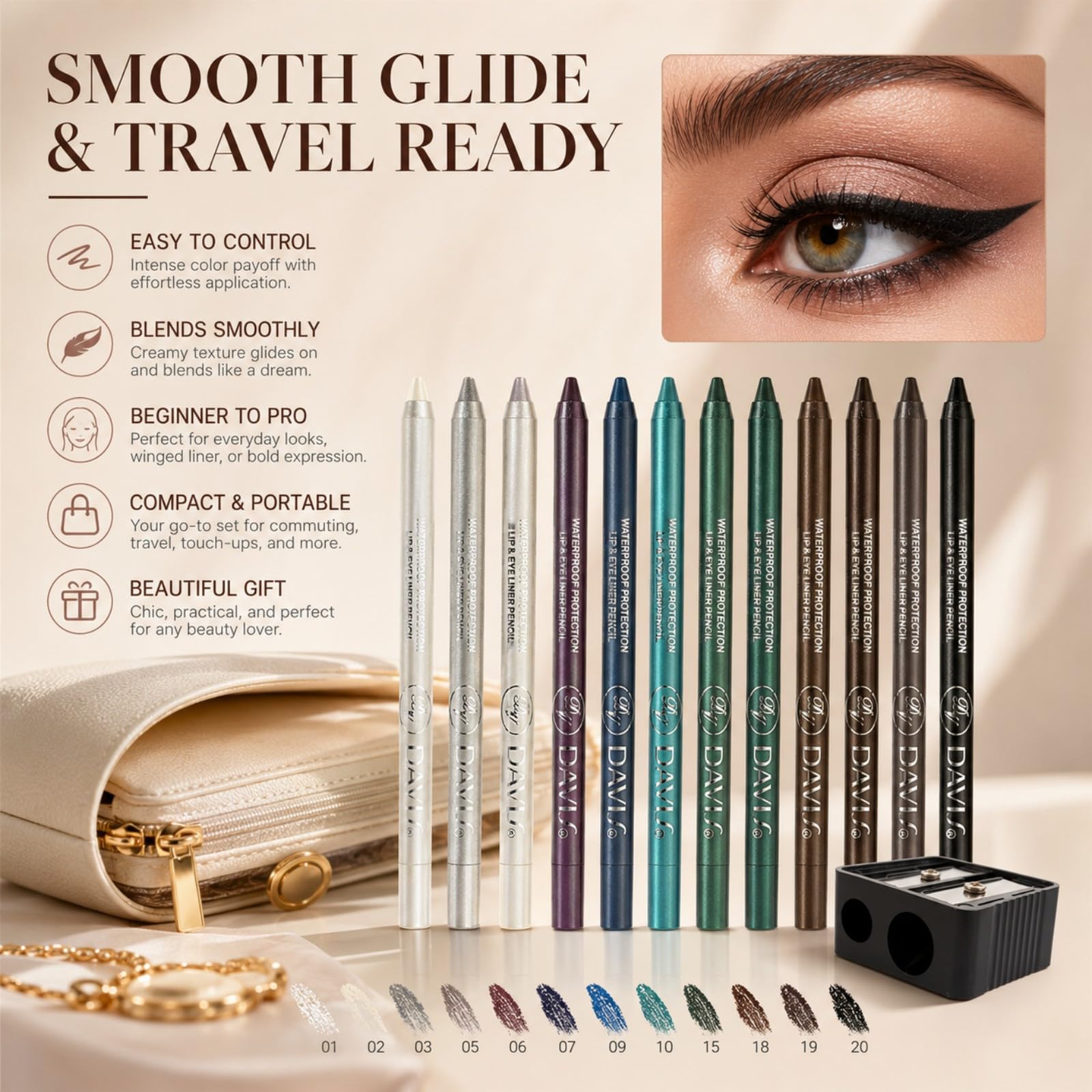 MooGlamor in-use close shot of winged eyeliner demonstrating long-wear definition benefit staying power