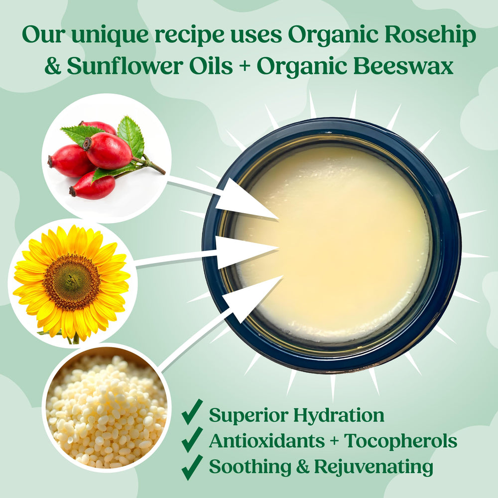 moomade ingredients with rosehip sunflower beeswax displays natural oils for nourishment