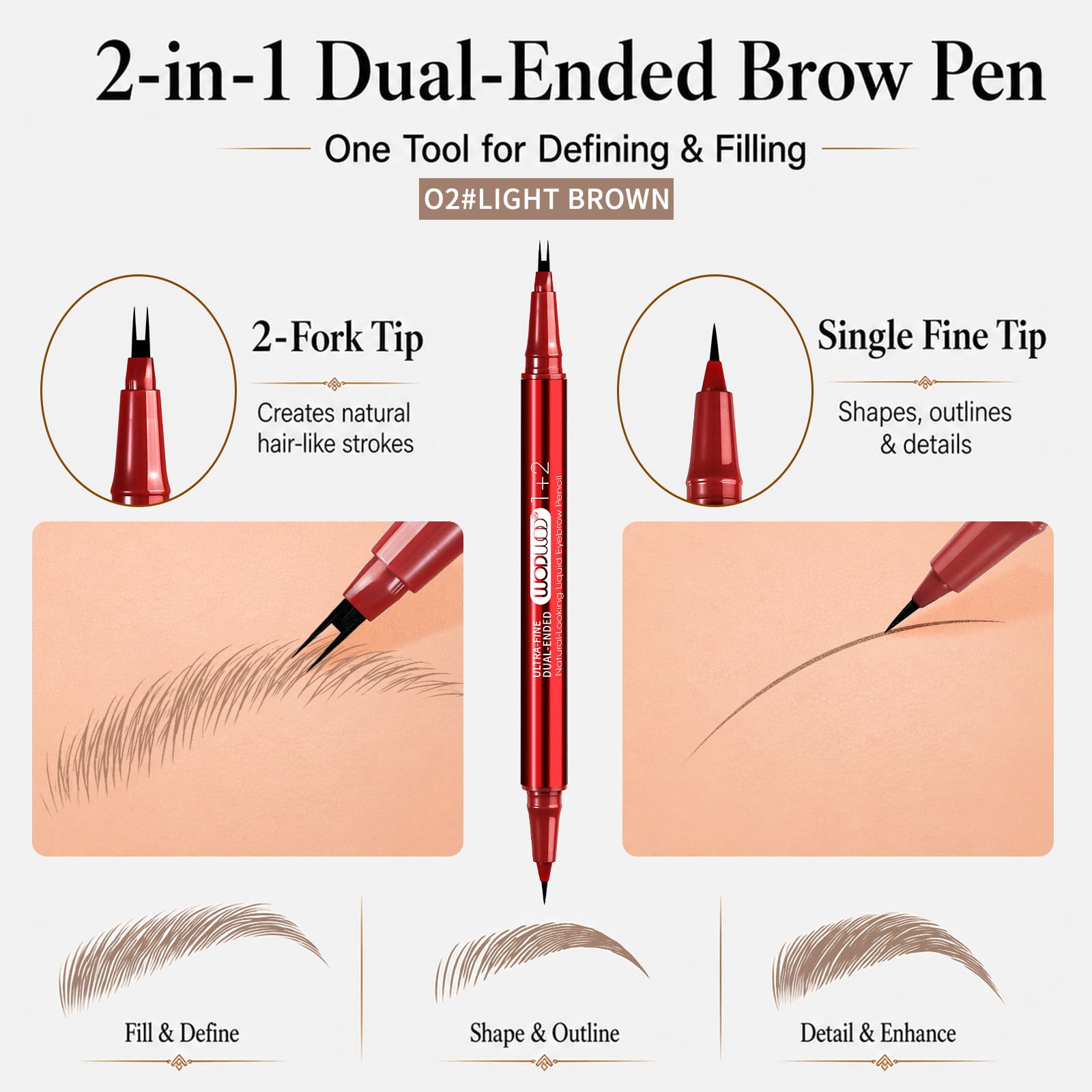 MOOMARTO micro 2-fork tip close-up creates fine hair-like brow strokes