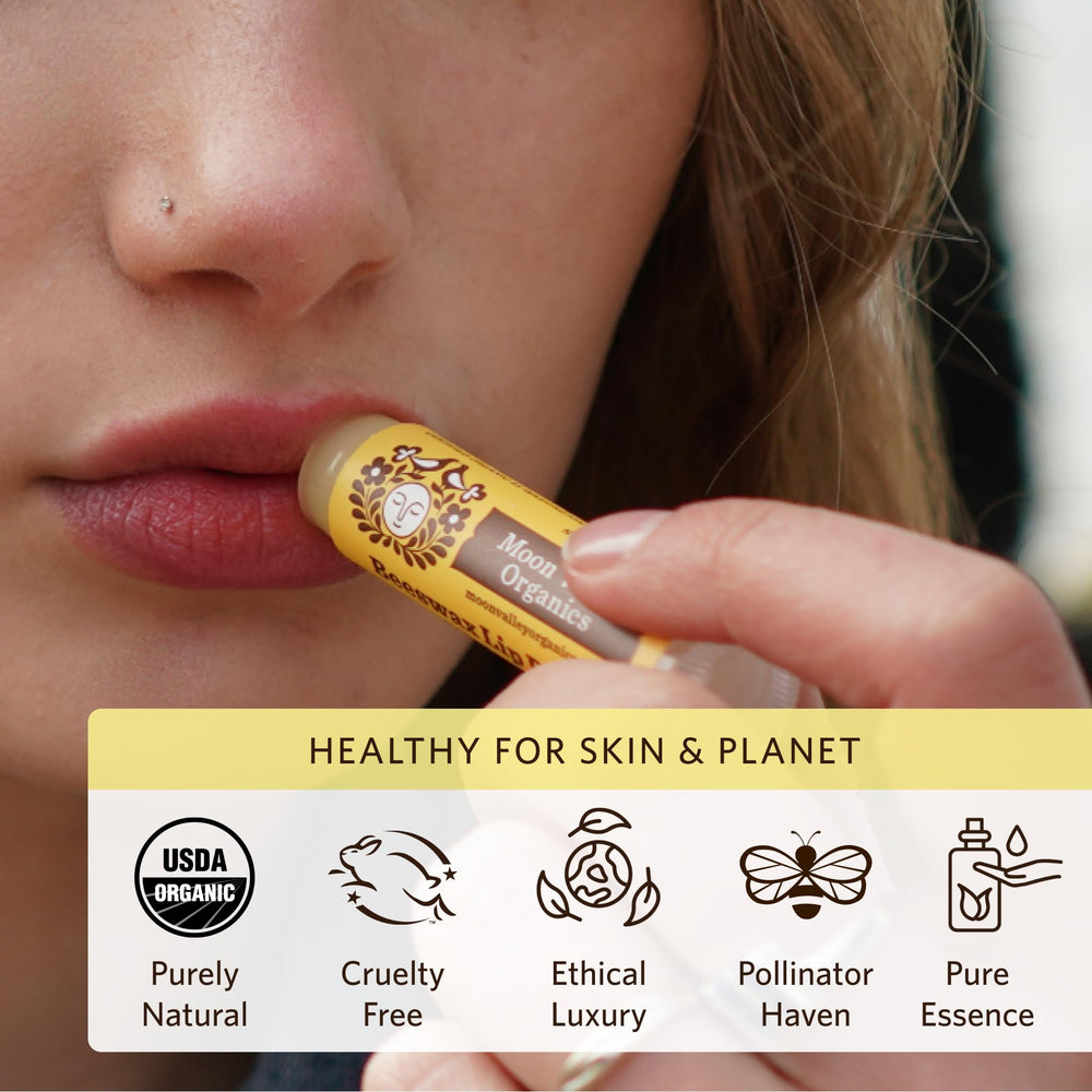 Moon Valley Organics application on lips demonstrating smooth hydration benefit