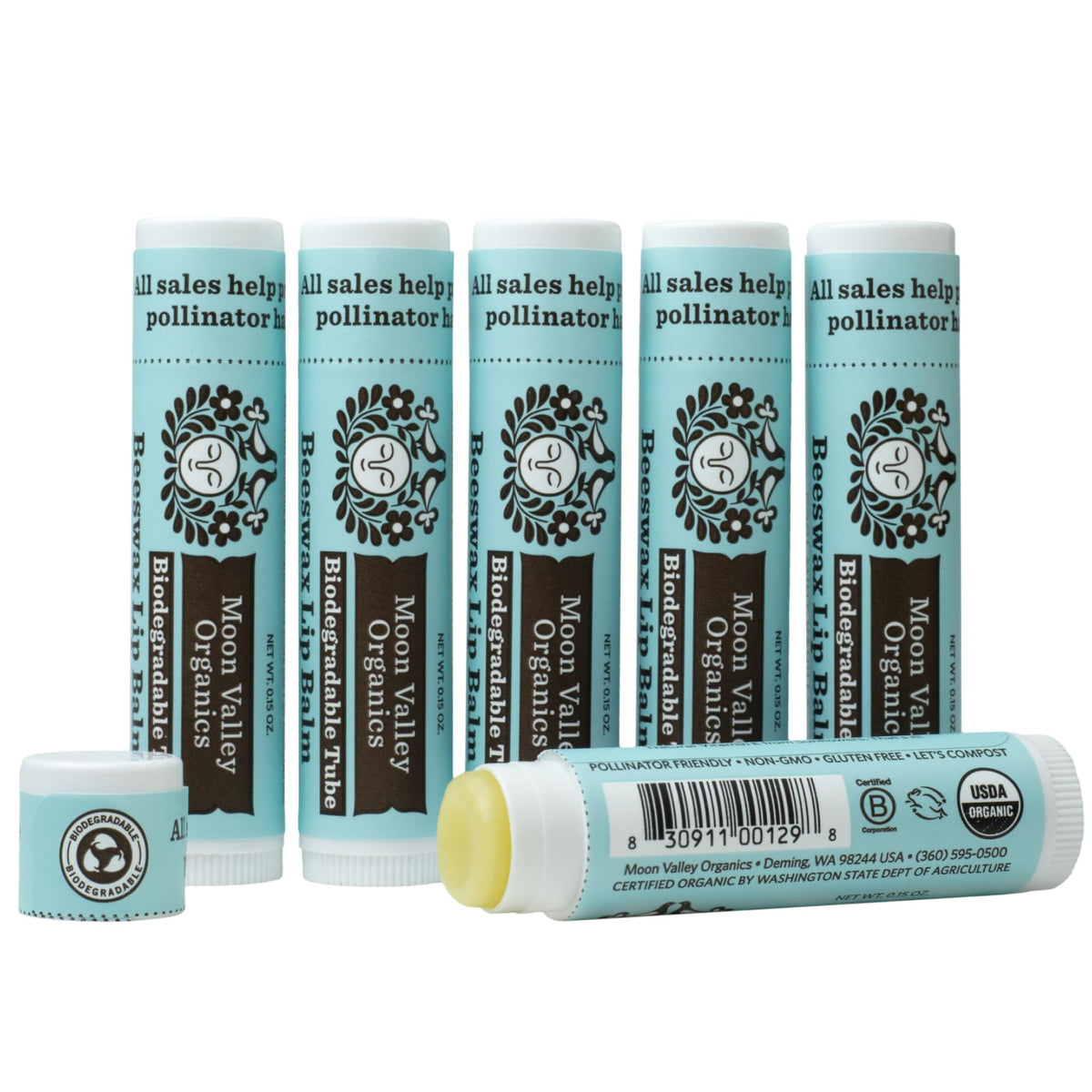 Moon Valley Organics front packaging showing six mint vanilla balm sticks and branding for easy selection