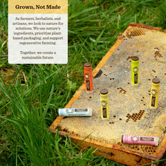 Moon Valley Organics balm applied to lips demonstrating moisturized, healthy-looking result