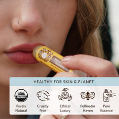 Moon Valley Organics being applied to lips in lifestyle scene offering natural hydration benefit