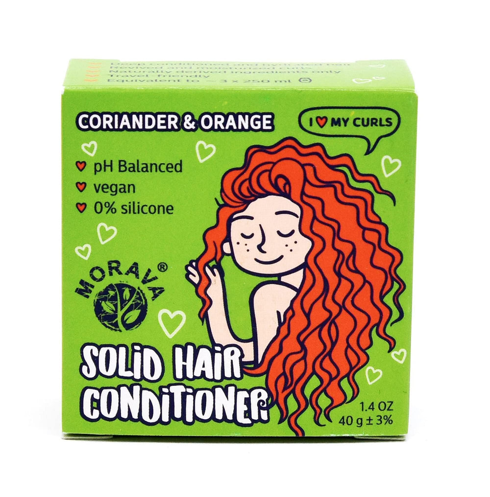 Morava heart-shaped conditioner bar front packaging shows sustainable benefit