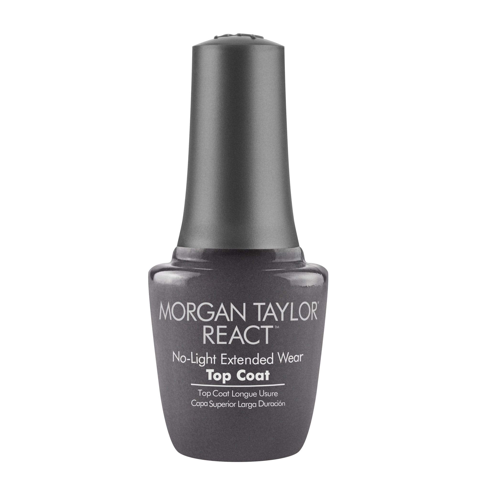 Morgan Taylor REACT top coat bottle front view showing high-gloss protection