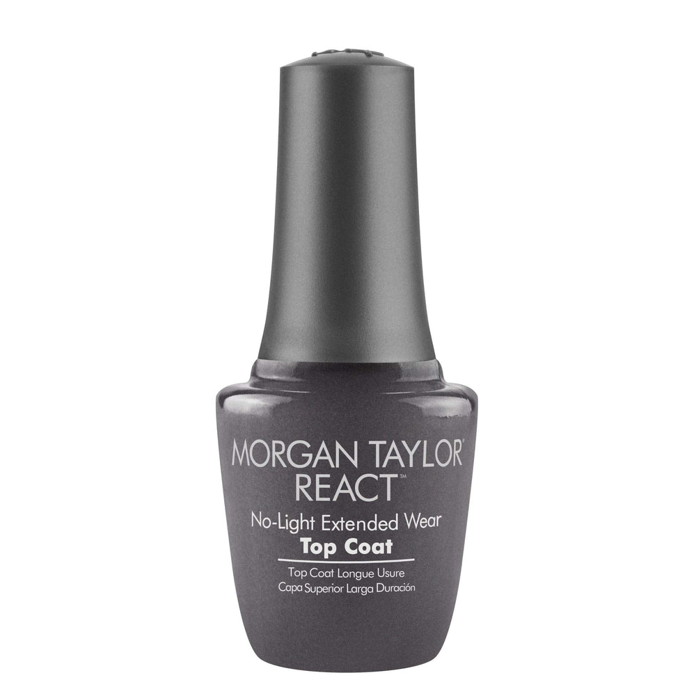 Morgan Taylor REACT top coat bottle front view showing high-gloss protection