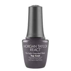 Morgan Taylor REACT top coat bottle front view showing high-gloss protection