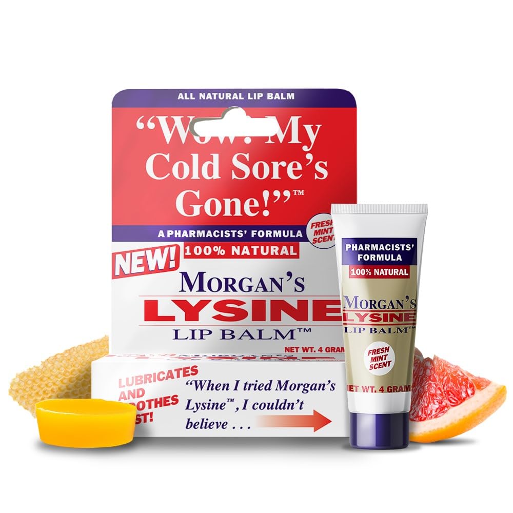 Morgan's Lysine Lip Balm front tube showing label and easy-open cap benefit
