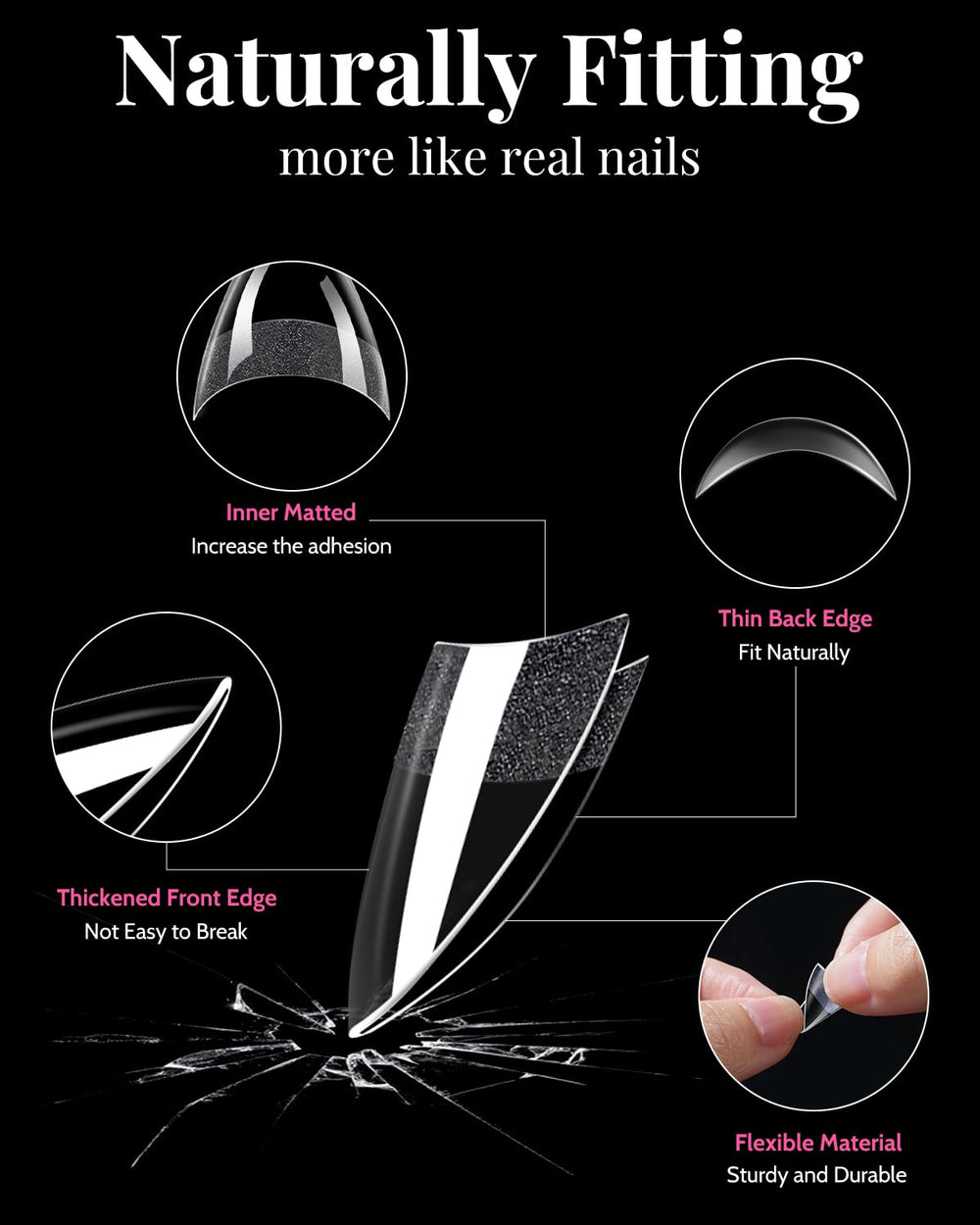 MORGLES almond tip close-up highlighting smooth curve for natural fit and elegance