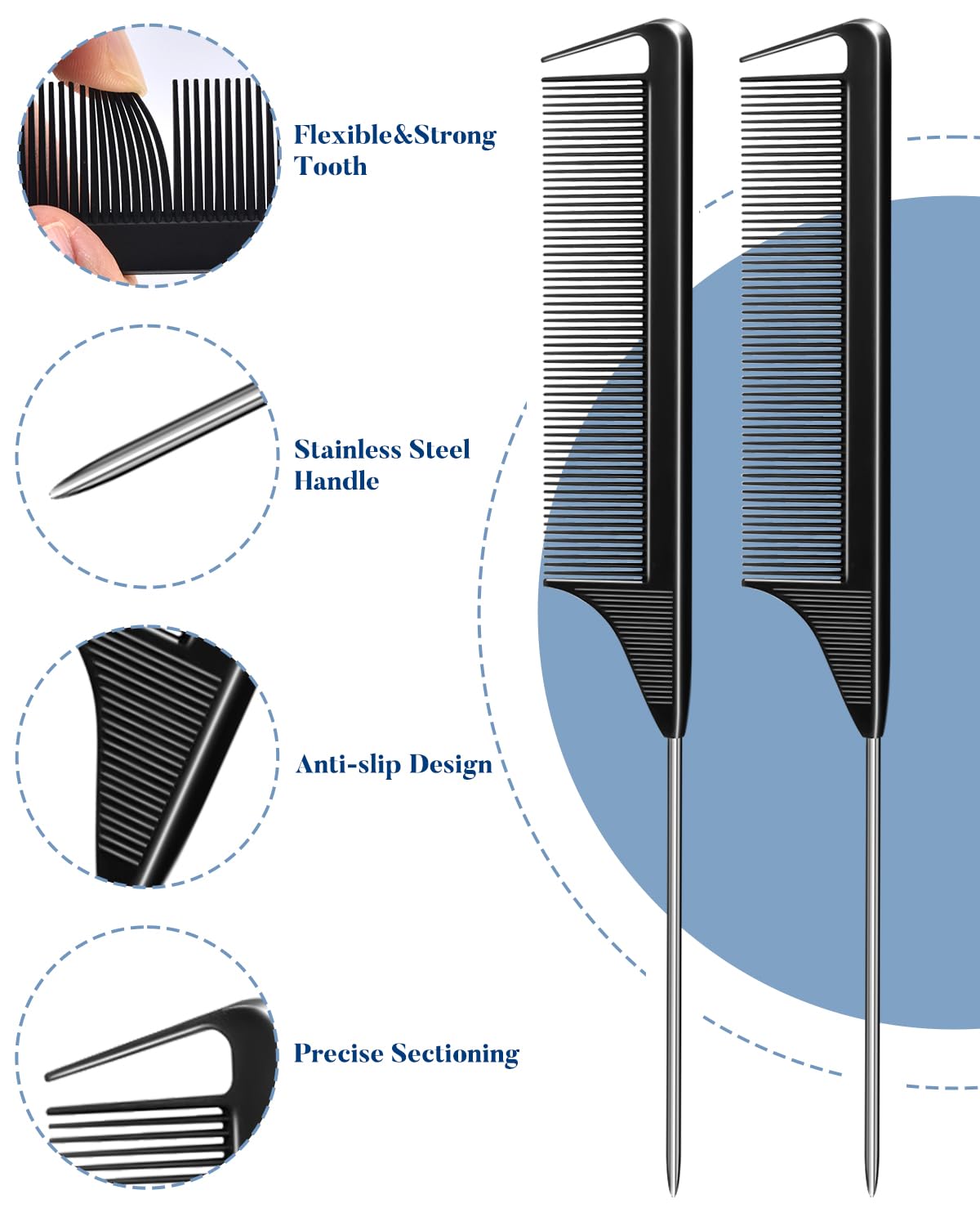 MORGLES two carbon-fiber rat-tail combs with organizer for neat sectioning