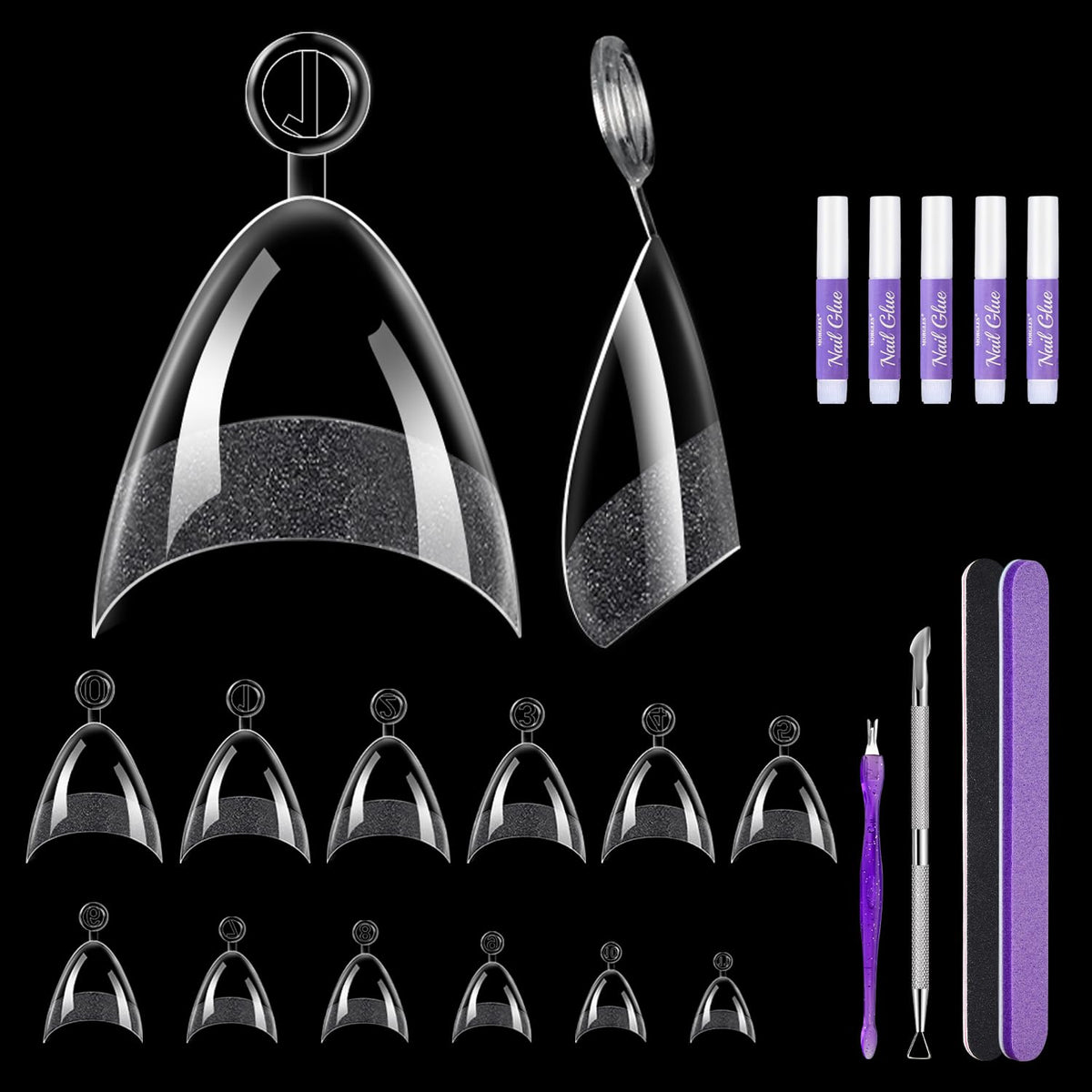 MORGLES front packaging showing 240-piece almond tips kit with contents visible