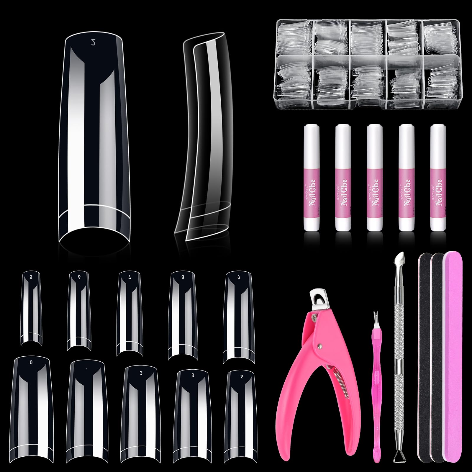 MORGLES front packaging showing 500 clear tips and included tools, convenient kit benefit