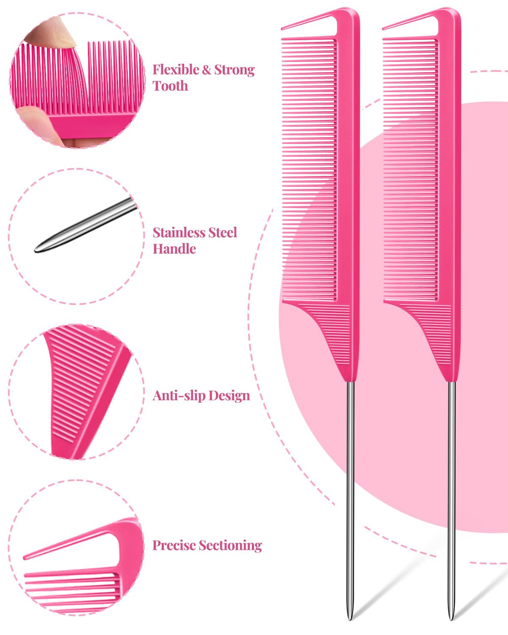 MORGLES rose-pink rat-tail combs detail for precise parting and control