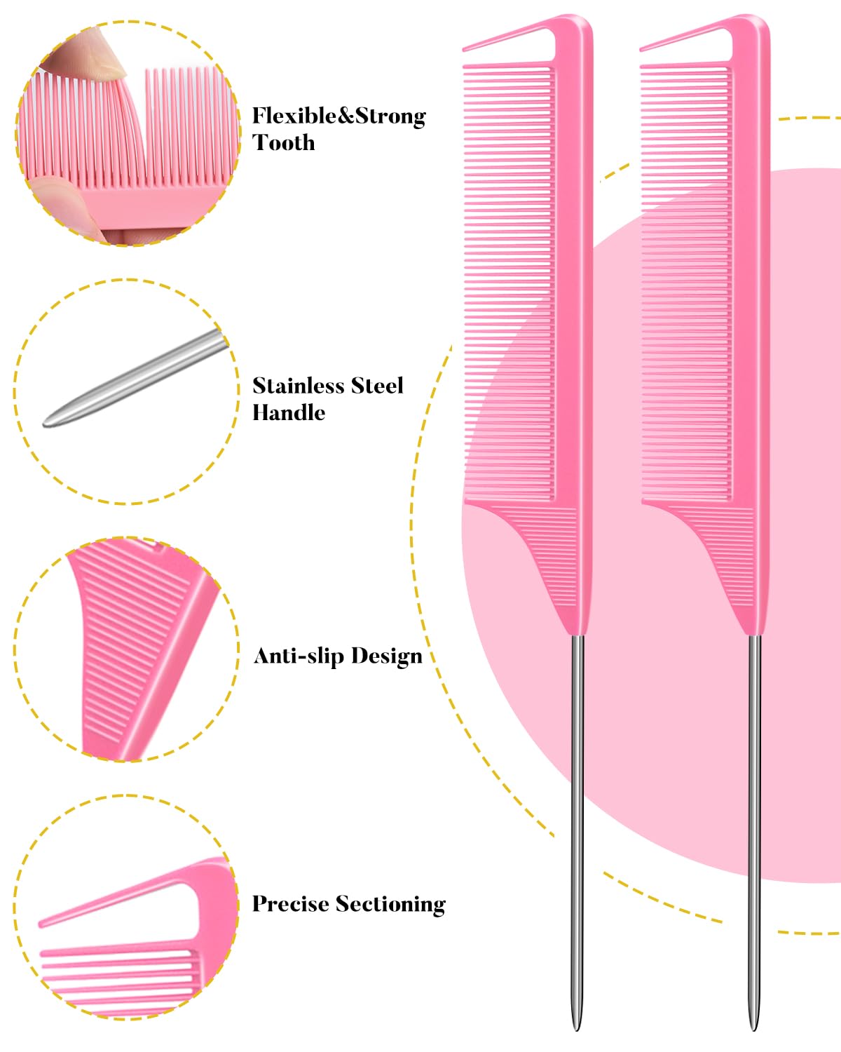 MORGLES pink rat-tail combs for precise parting and salon control benefit