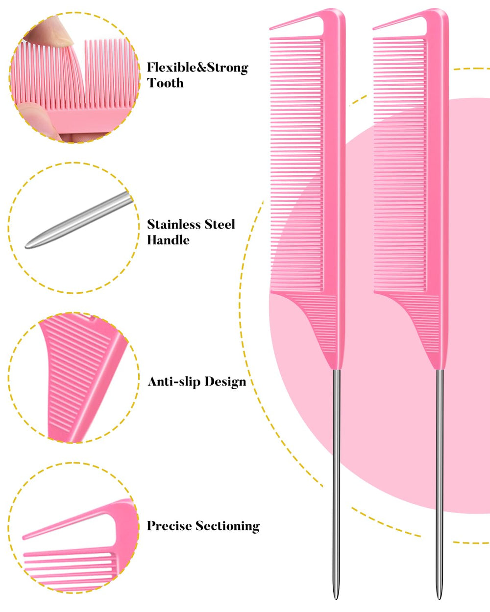 MORGLES pink rat-tail combs for precise parting and salon control benefit