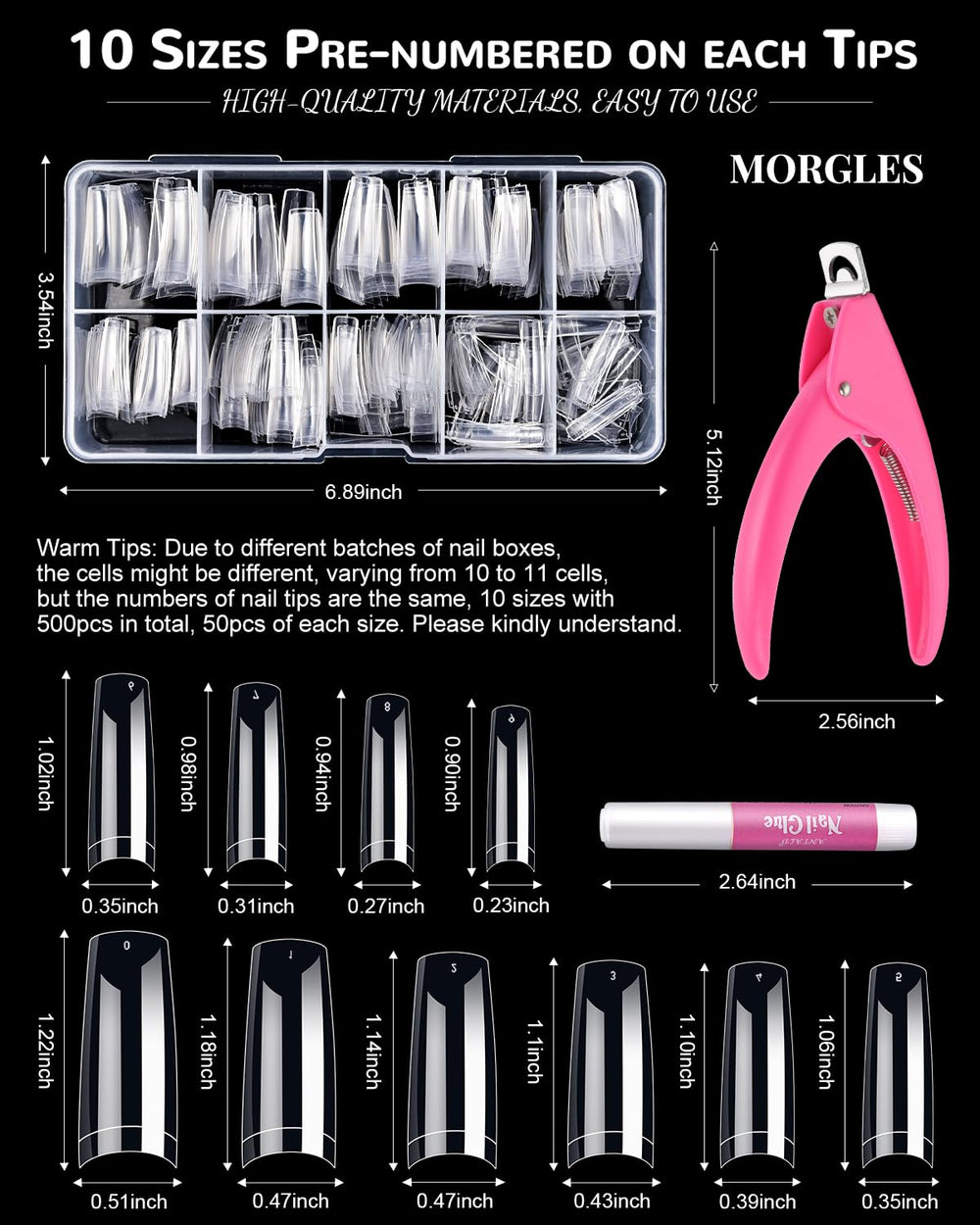 MORGLES clear nail tips with printed size labels for fast matching and accurate fit