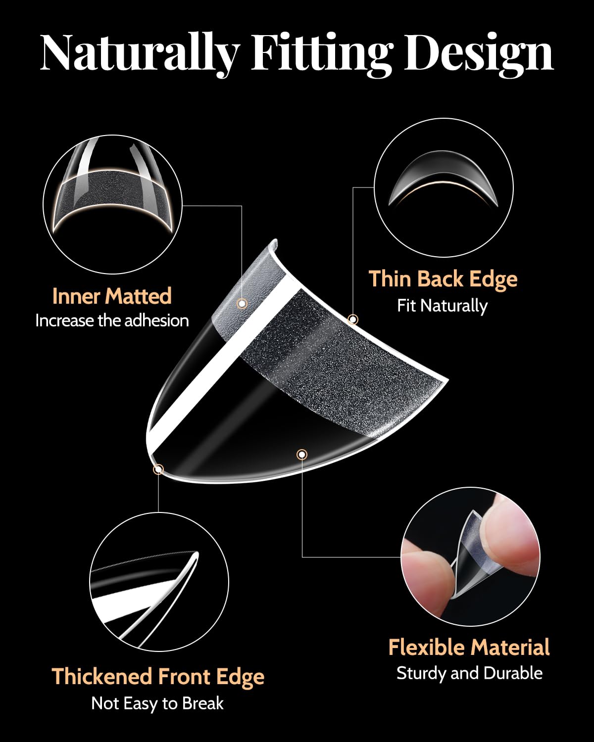 MORGLES close-up of almond tip curvature showing smooth edges and fit benefit
