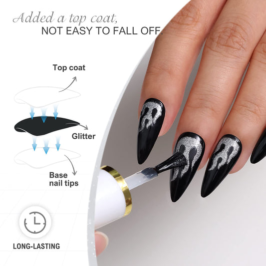 morily close-up of silver flame detail on black nail, highlights precise design and contrast