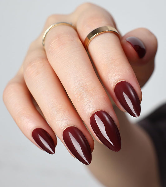 morily front packaging showing burgundy almond press-on nails and tray, convenient kit