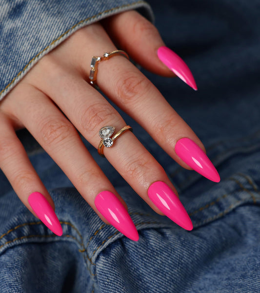 morily front packaging showing 24 hot pink stiletto nails and included accessories for convenience