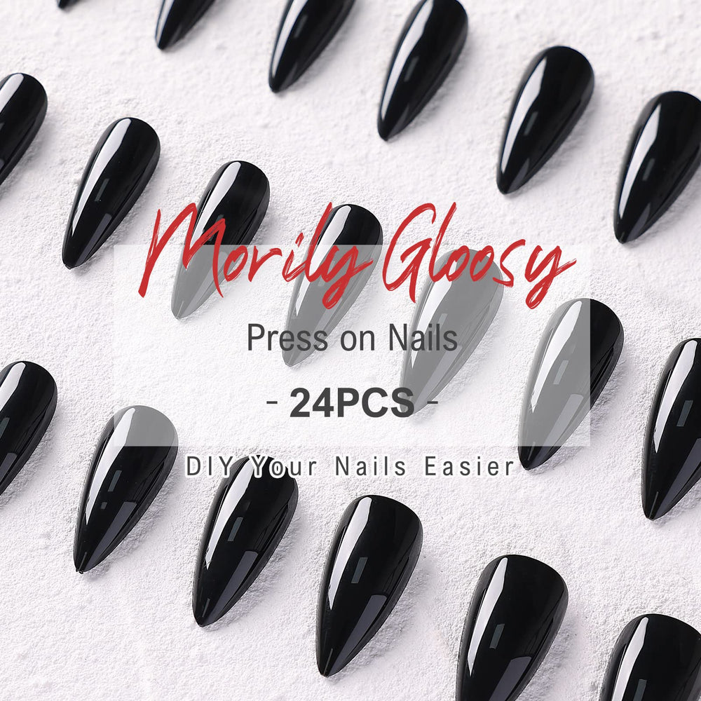 morily nails on hand showing medium length scale and dramatic almond shape