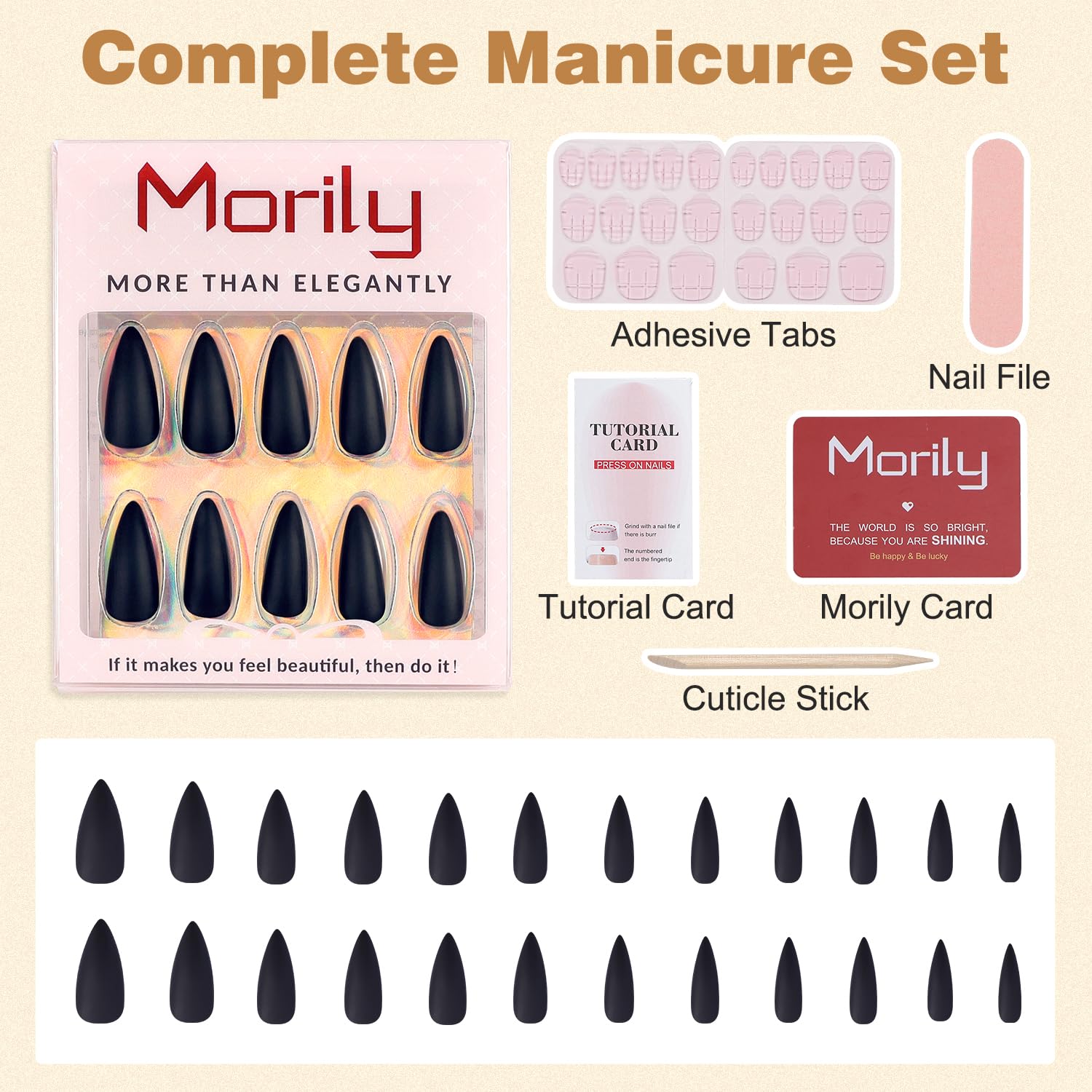 morily spread of 24 nails in 12 sizes showing selection options for perfect fit