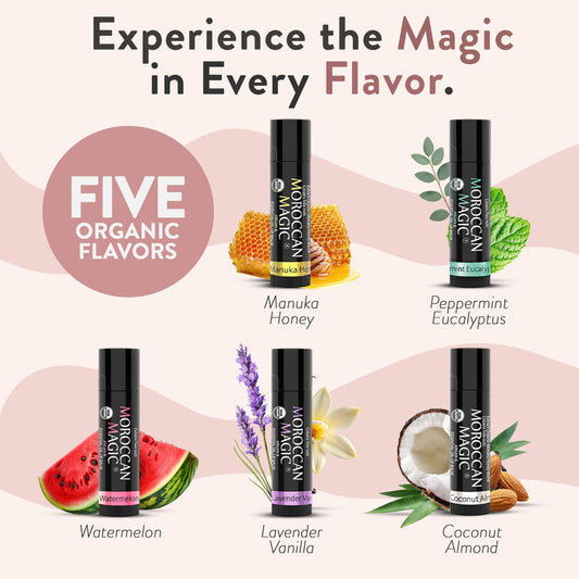 Moroccan Magic five-balm array laid out to show the variety and easy selection