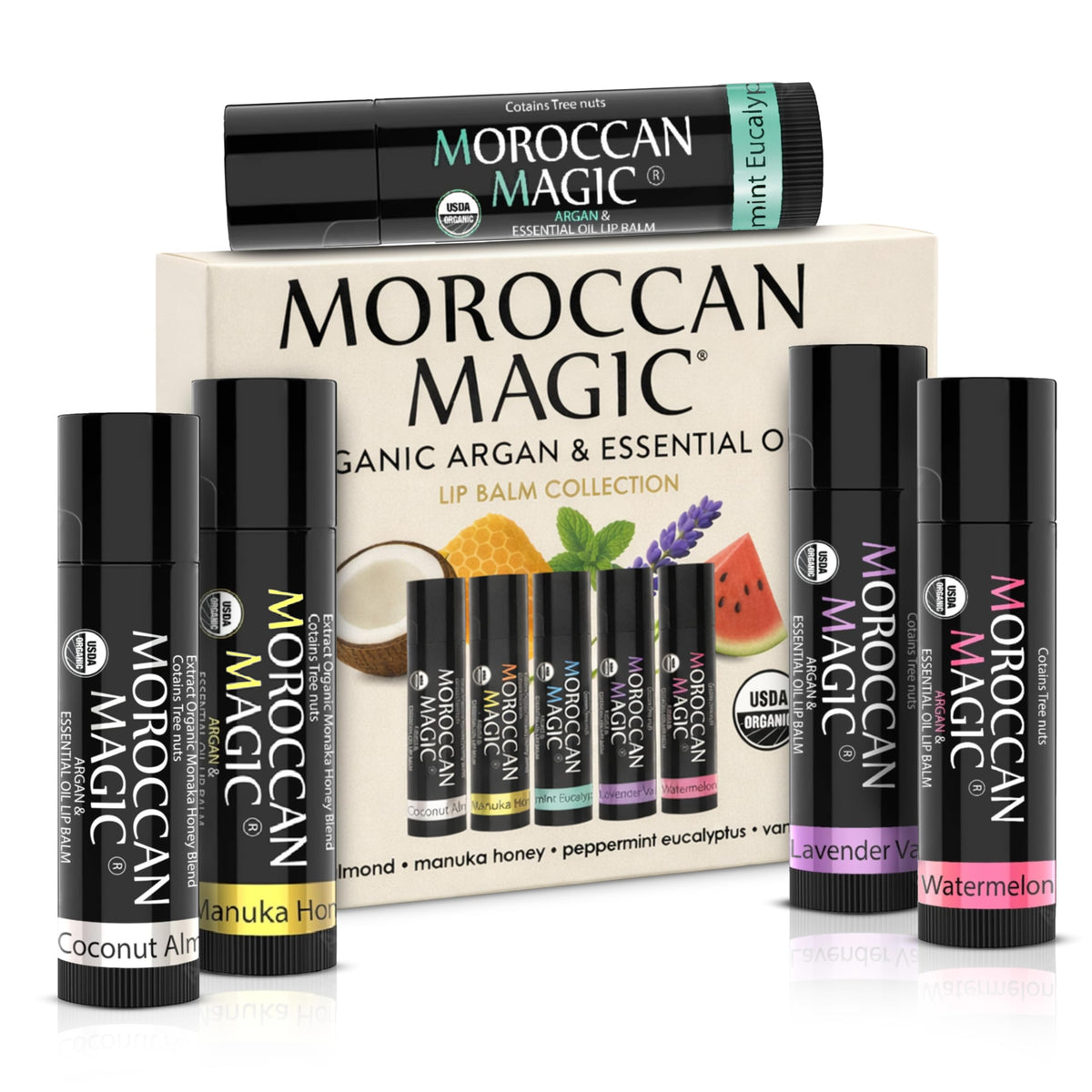 Moroccan Magic front packaging showing the five-pack gift set and branding benefit