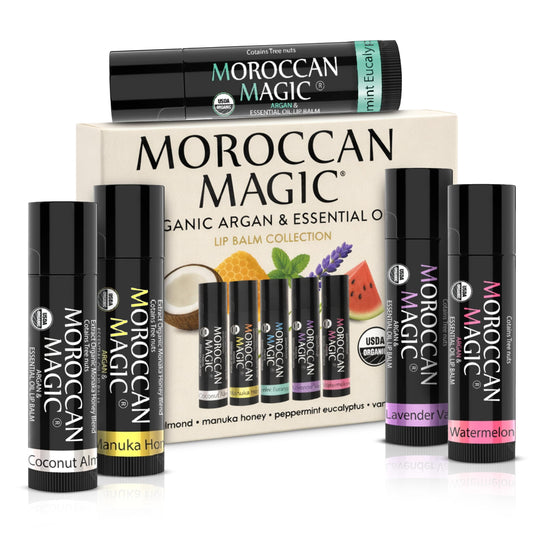 Moroccan Magic front packaging showing the five-pack gift set and branding benefit