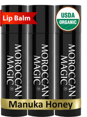 Moroccan Magic front packaging showing three lip balm tubes and natural branding benefit hydration