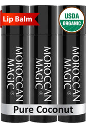Moroccan Magic front packaging showing three organic lip balms and branding benefit